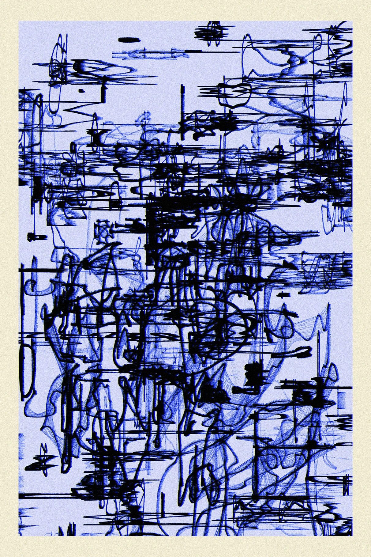 INK: black intersecting marks on a blue field