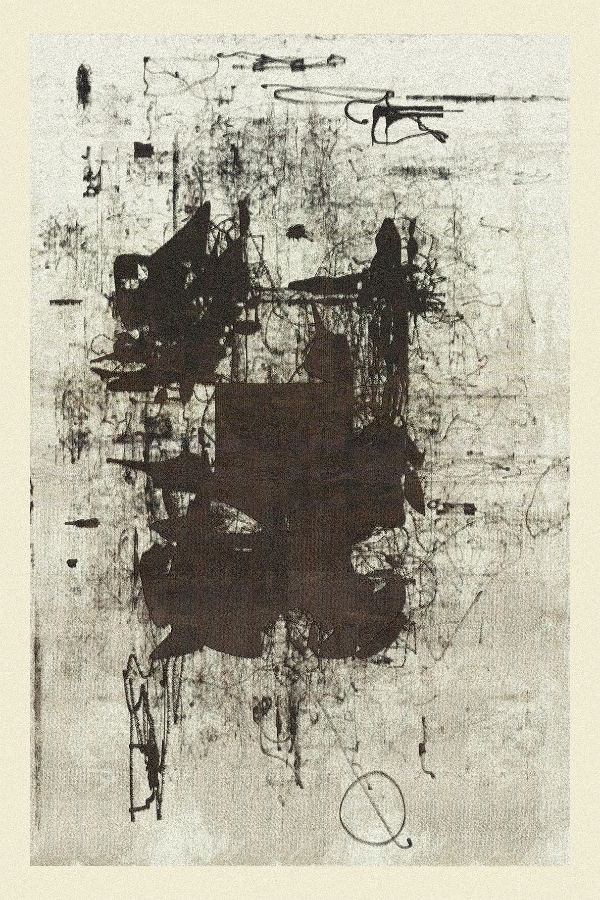 INK: a dense dark form with fine marks on a pale ground